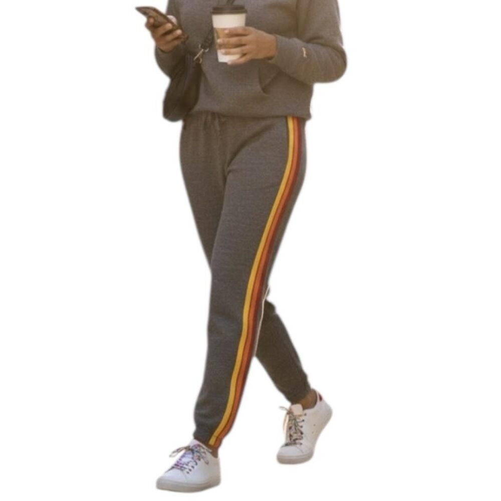 Aviator Nation Sweatpants Womens Medium Gray Rainbow Stripe Fleece Jogger USA